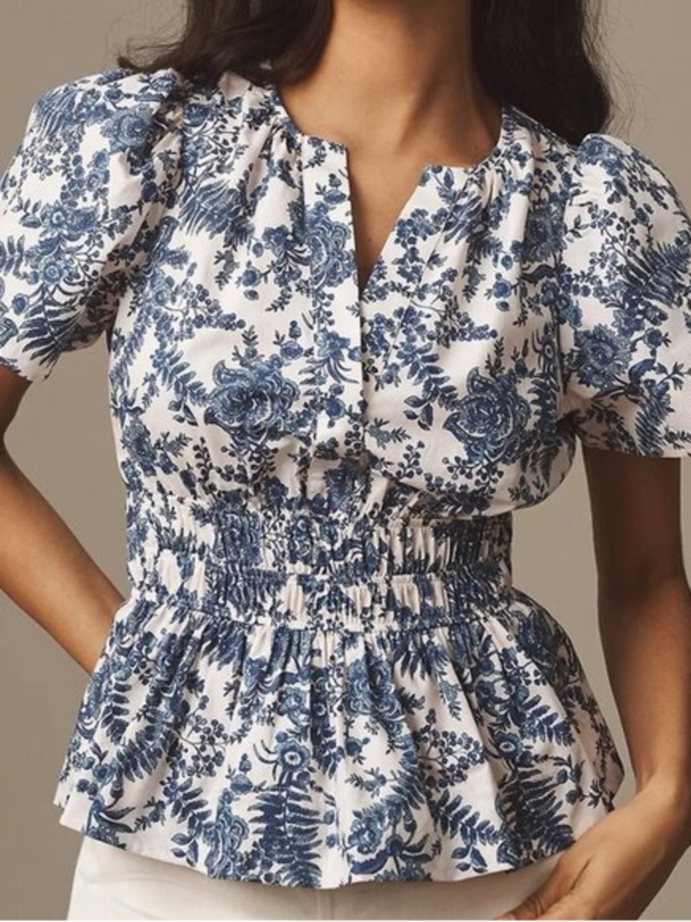 Anthropologie Blue & White Floral Smocked Peplum Top